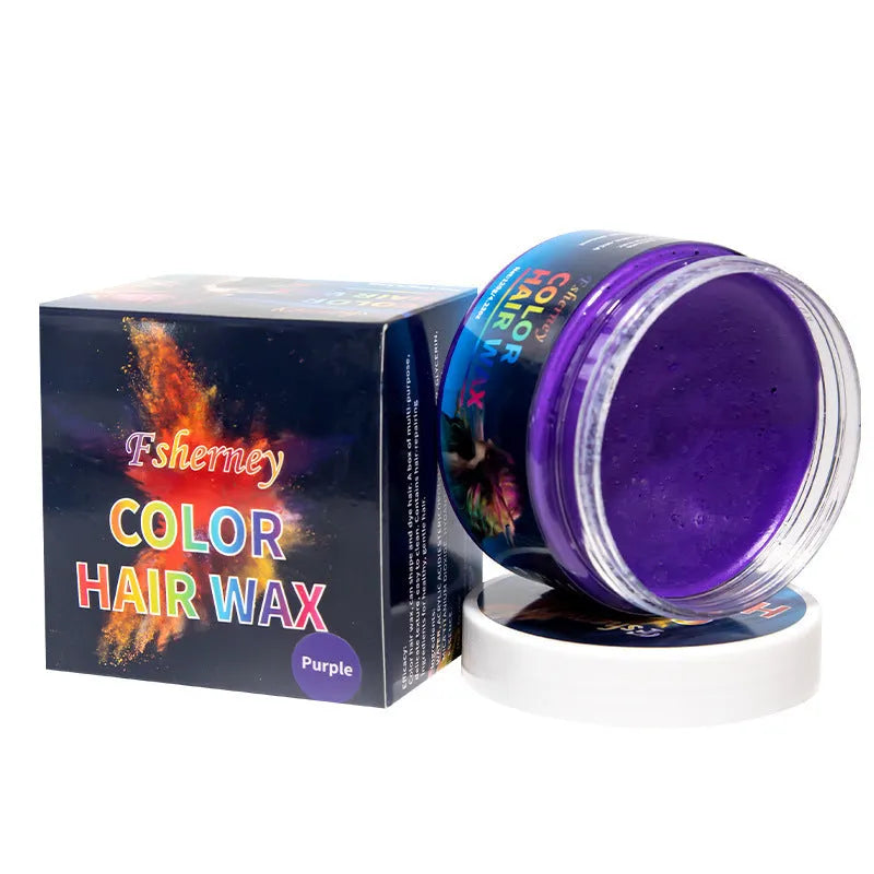 120g container of hair styling clay shown in one of nine colour options: blue, green, purple, red, orange, yellow, white, rose red, or granny grey.