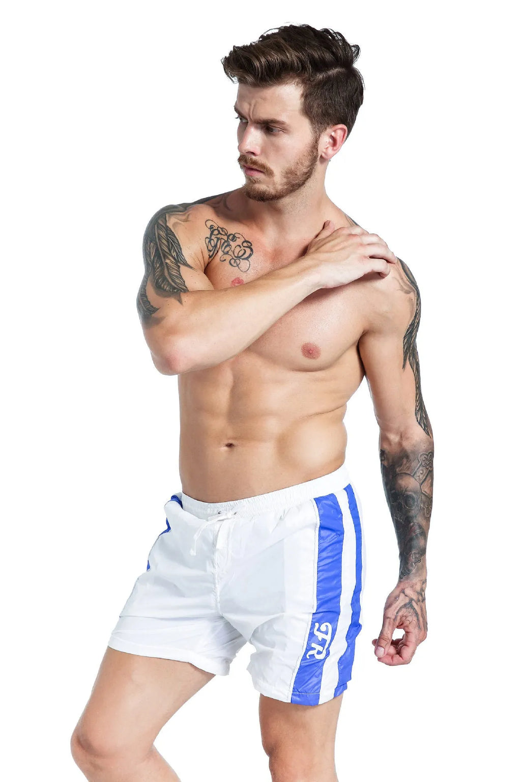 Men's blue sports shorts with lace-up closure and slim fit design for running and casual wear