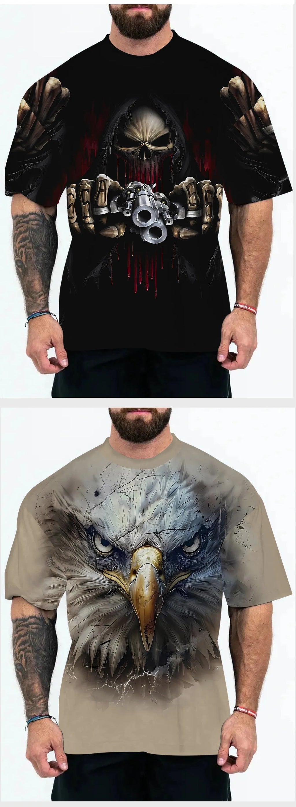 Man wearing a loose fit casual t-shirt featuring an eagle head graphic design on the front.