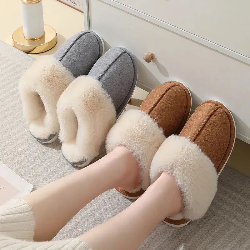 Women's winter plush slippers with artificial wool lining and non-slip PVC soles in various colours