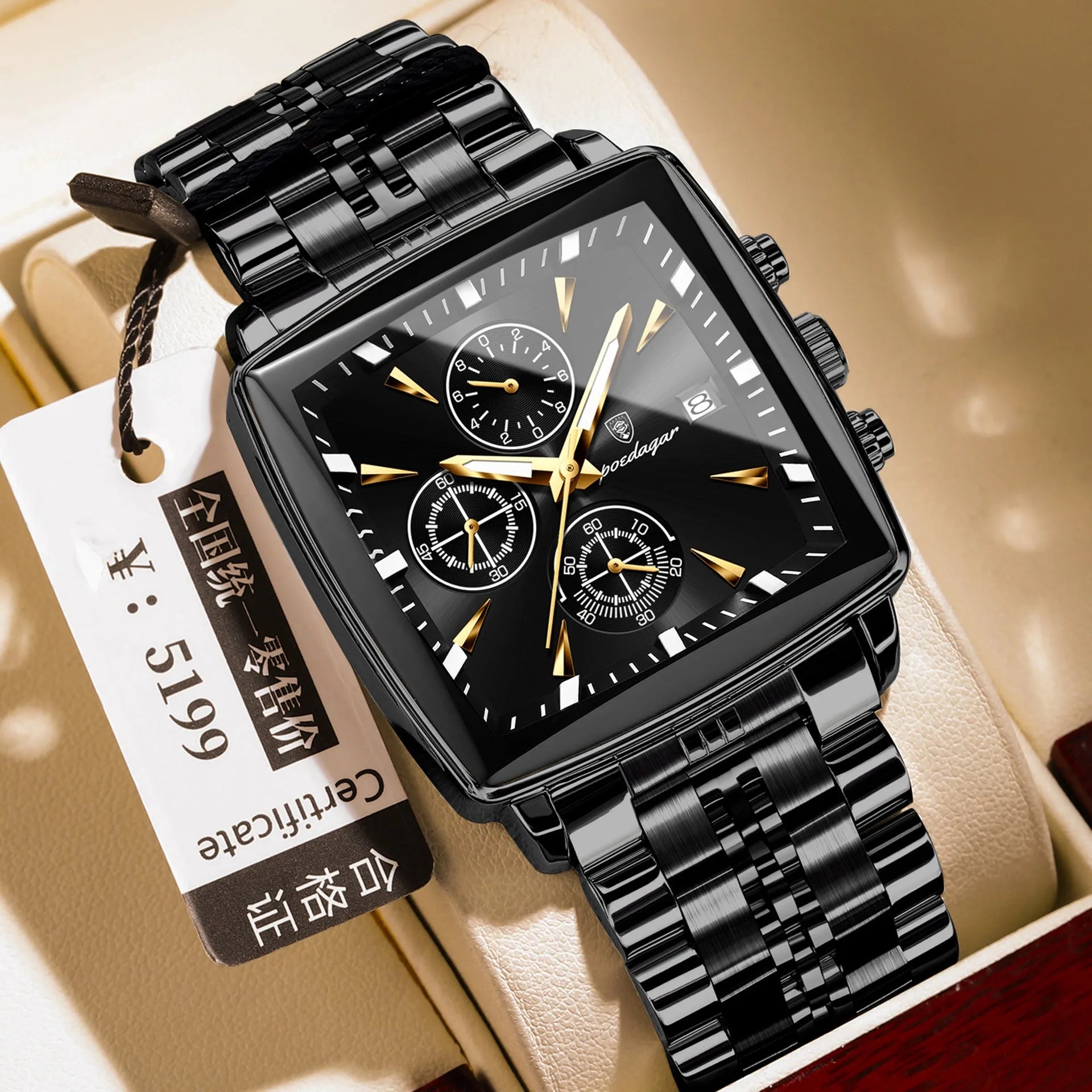 Square men's business quartz watch with stainless steel strap and mineral glass face.
