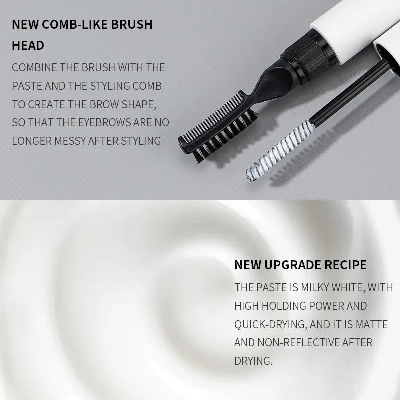 Eyebrow brush and bottle of liquid glue for creating natural wild eyebrows.