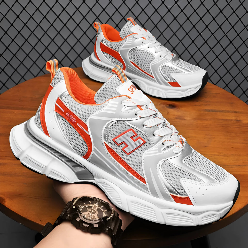 Men's mesh running shoes in black, white grey, or white orange with plastic soles