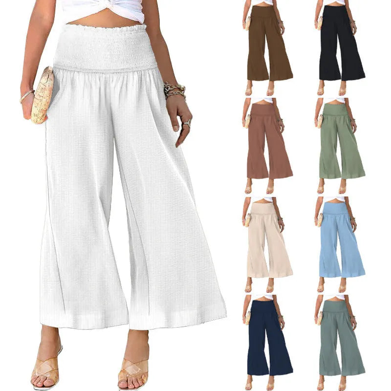 Women's high waist straight-leg trousers in cotton linen blend with pleating detail