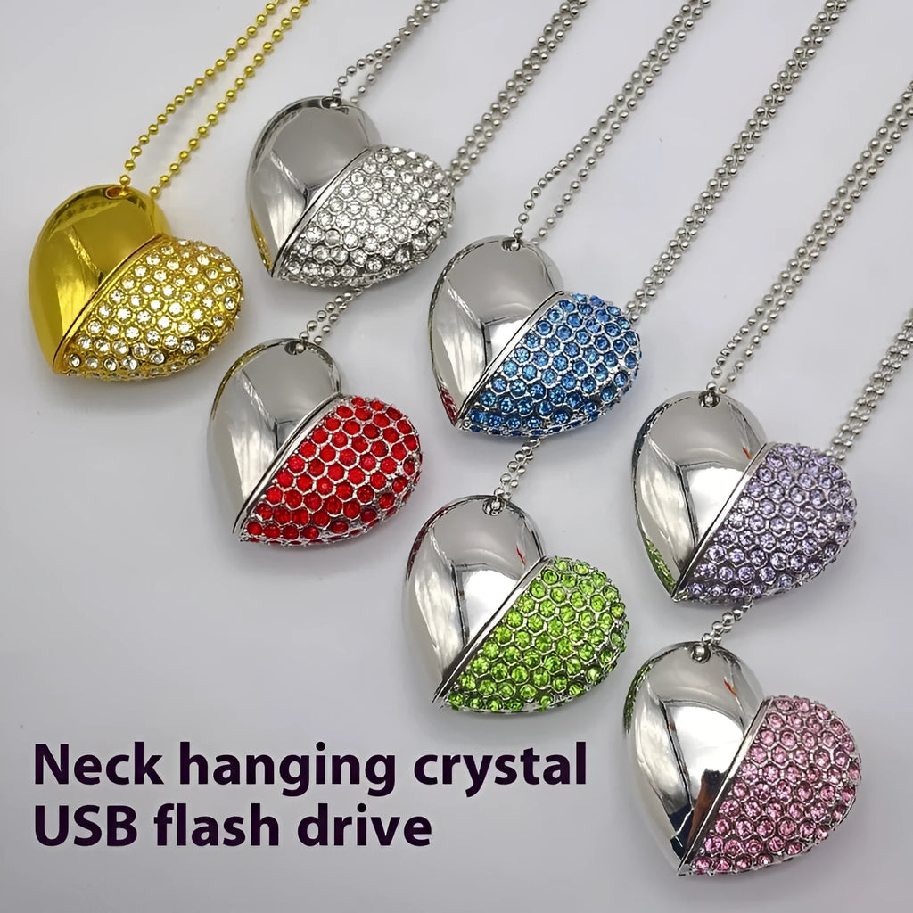 Blue heart-shaped metal USB flash drive with a brick pattern design on a white background.