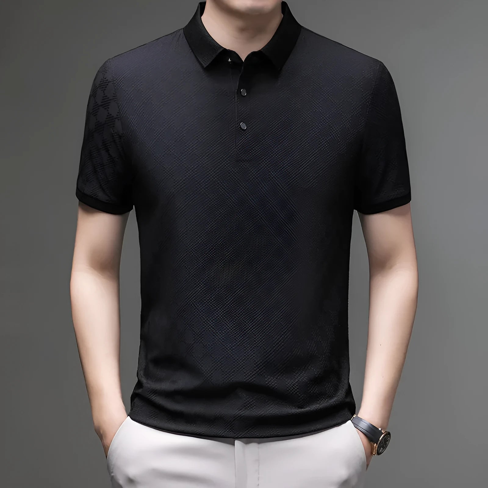 Thin Ice Silk blend short sleeve T-shirt in black with a V-neck and slit hem detail on a hanger.
