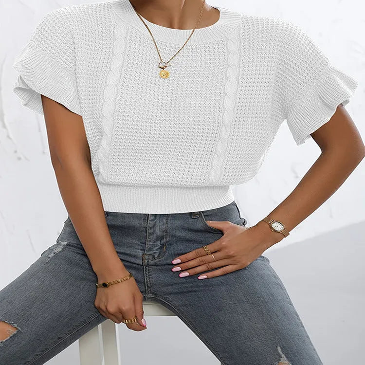 Women's twisted string and ruffled sleeve knitted pullover sweater in loose Japanese Korean style.