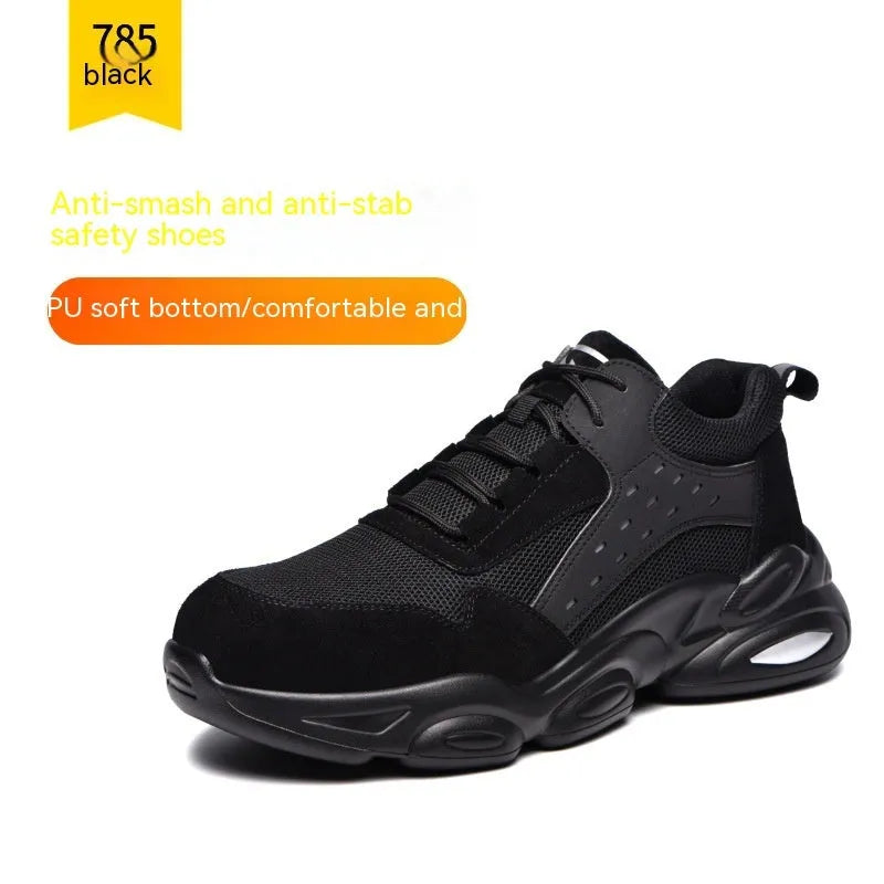 Black mesh breathable labour insurance safety work shoes with a PU soft sole on a grey background.
