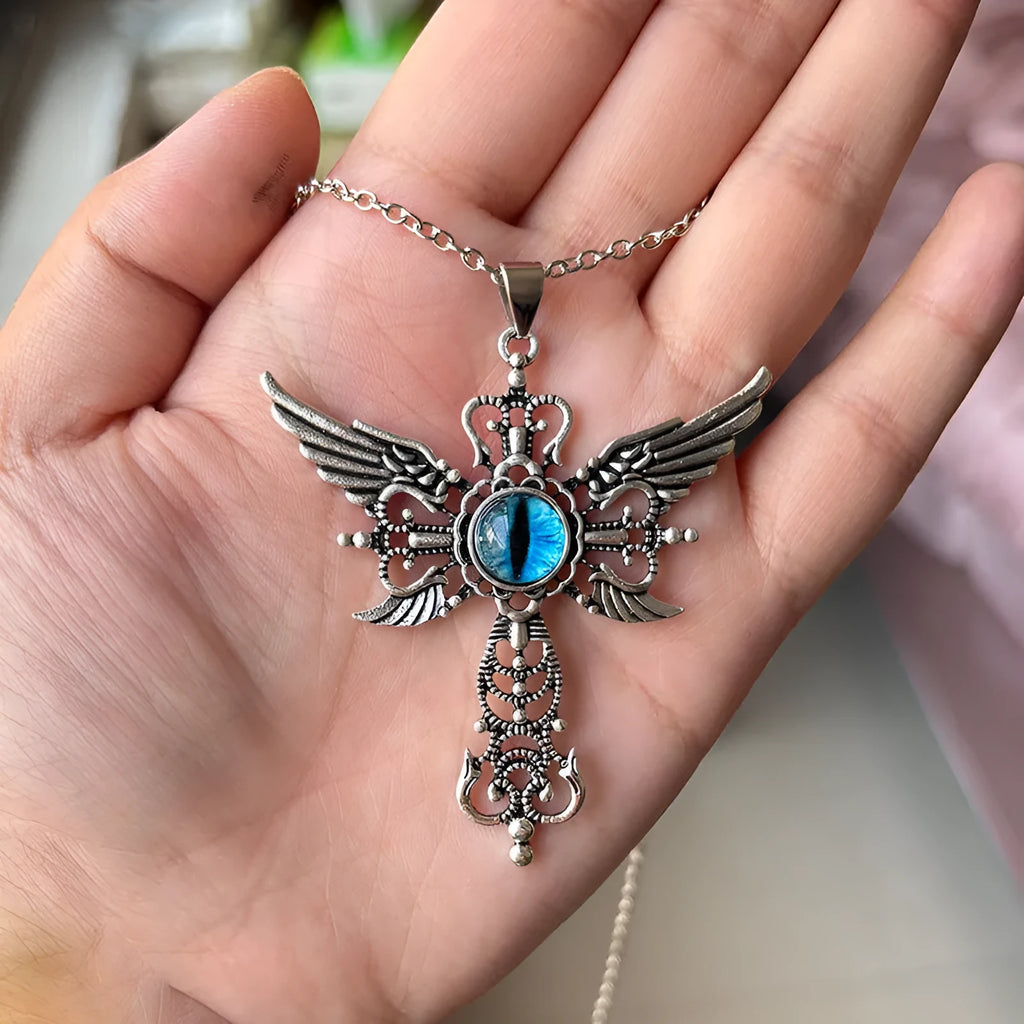 Alloy geometric pendant necklace with devil wings and cross design in blue, green, purple, red, or yellow