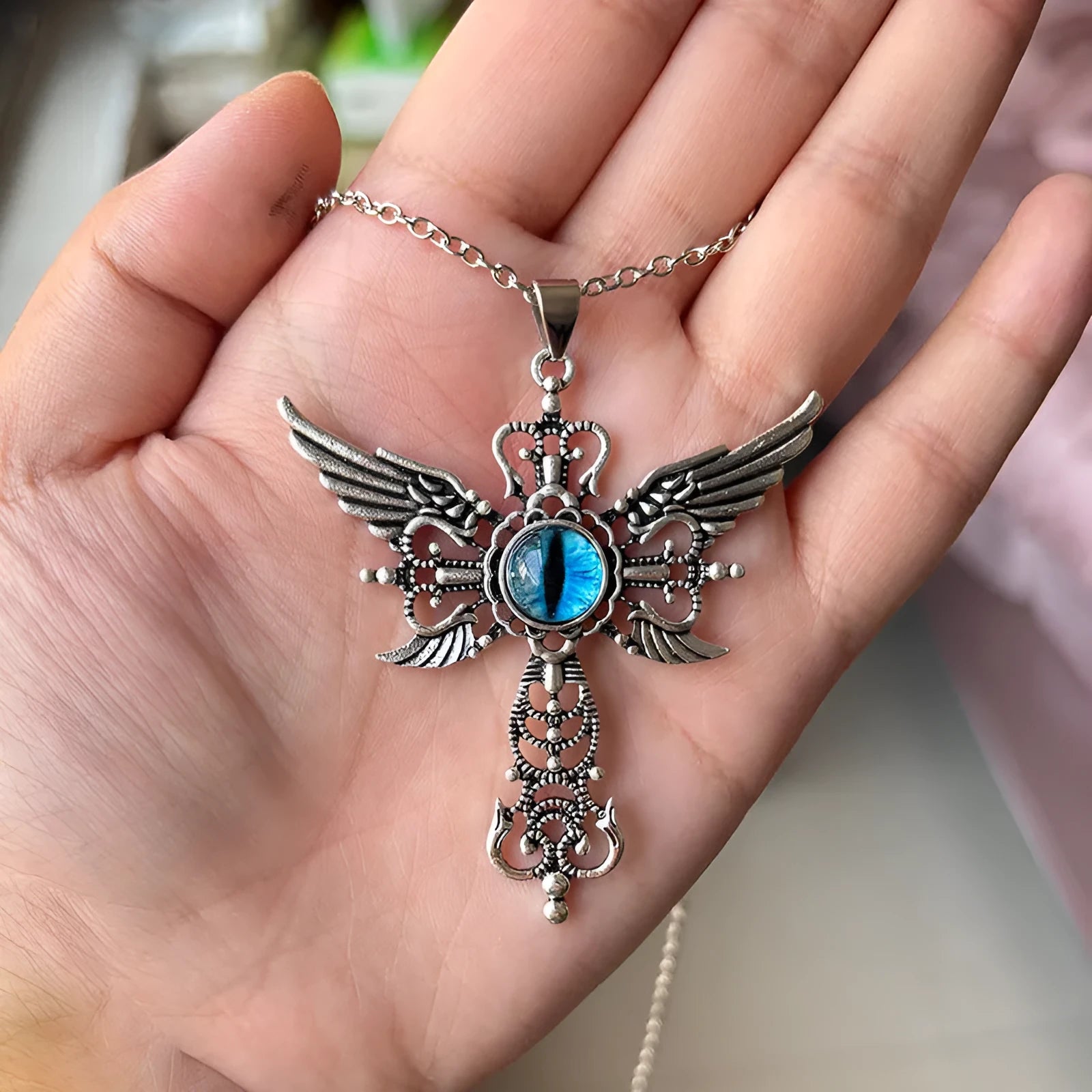 Alloy geometric pendant necklace with devil wings and cross design in blue, green, purple, red, or yellow