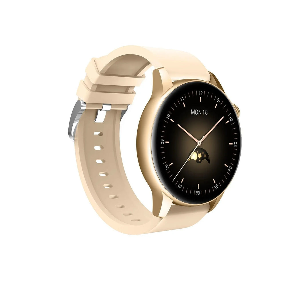 Smart watch with colour screen and stainless steel body showing black, pink, and silver colour options