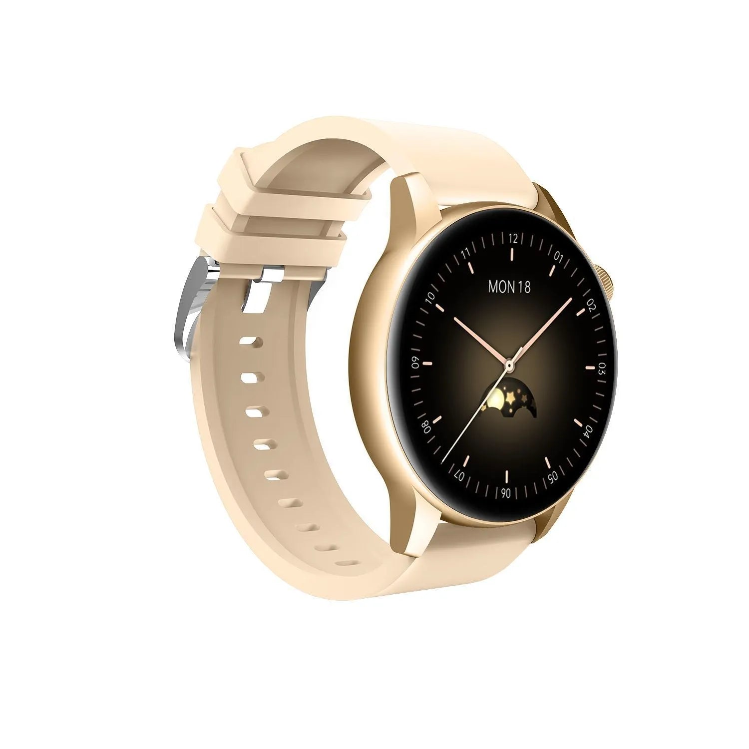 Smart watch with colour screen and stainless steel body showing black, pink, and silver colour options