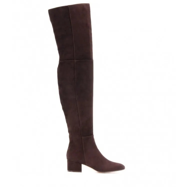 Grey women's flat over-the-knee suede boots with a pointed toe and low rubber heel.