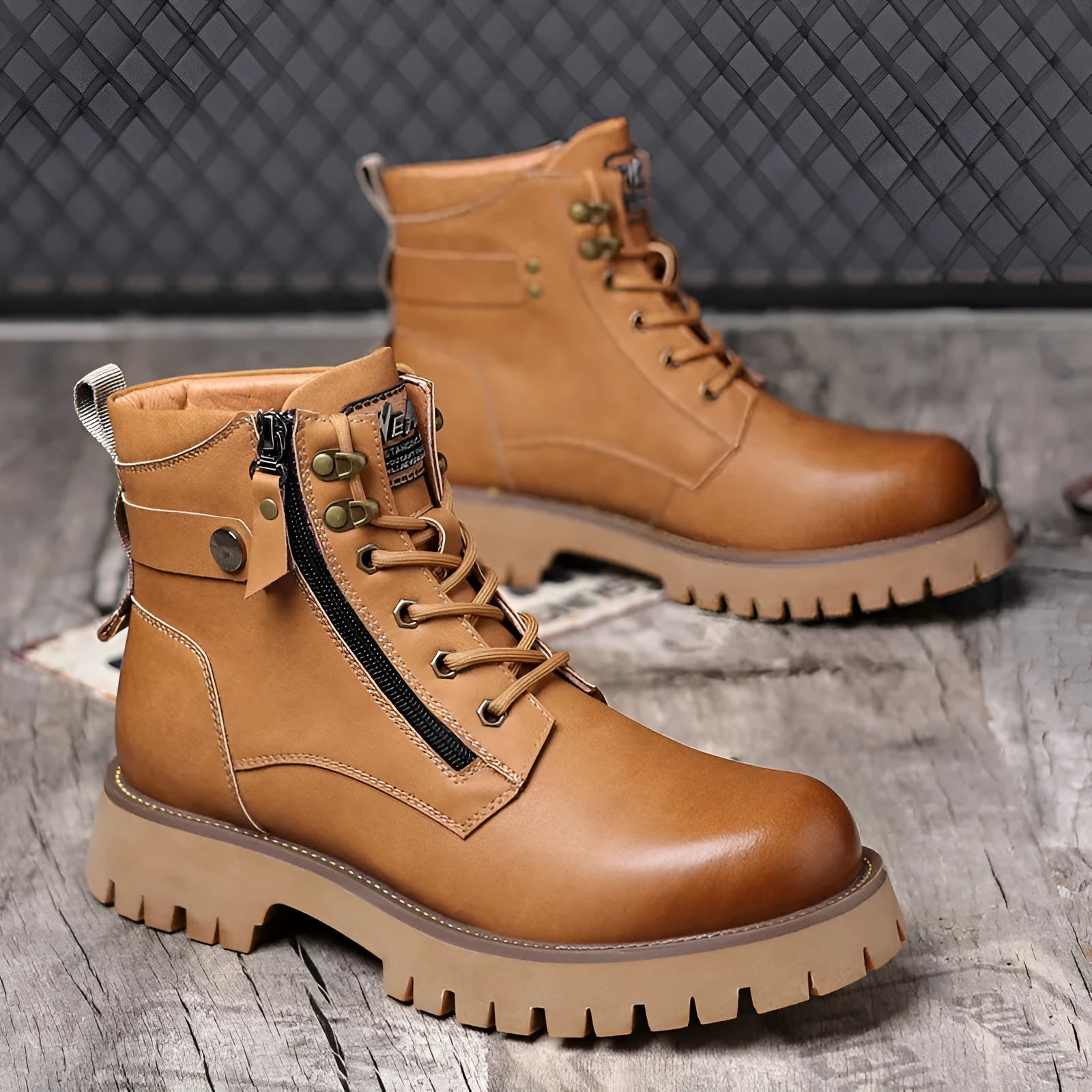 Men's brown high-top leather Martin boots with side zip and a mid-height heel.