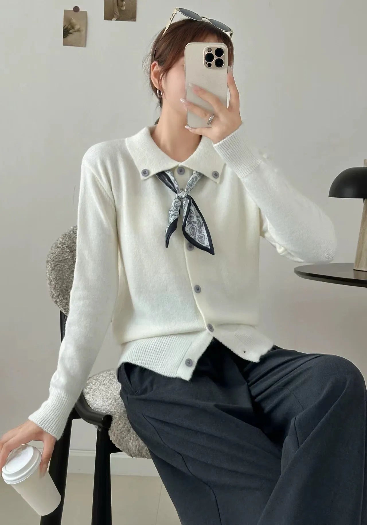 Women's milky white acrylic cardigan with attached lapel scarf and long sleeves
