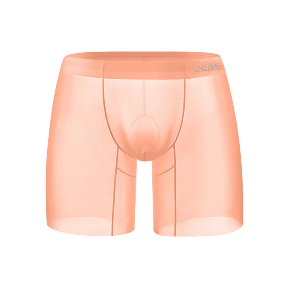 Men's orange seamless nylon sports boxer shorts with a low waist and body-shaping design.