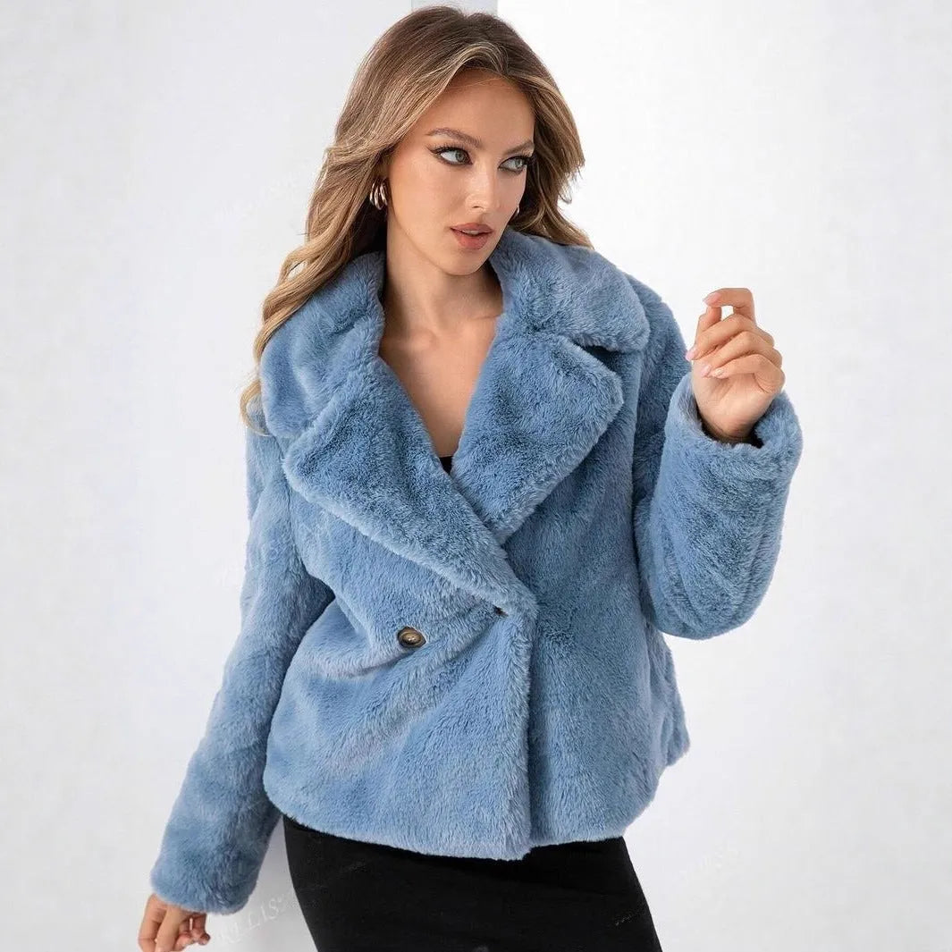 Women's short loose faux fur coat in rose red colour with regular sleeves