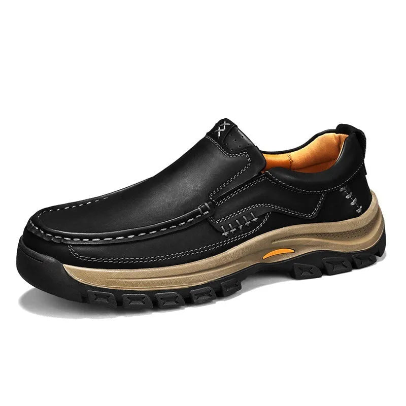 Men's black leather outdoor shoes with thick rubber soles and round toe