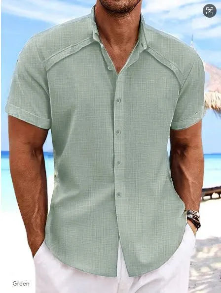 Hawaiian casual short sleeve solid colour cotton blend shirt in matcha green on a hanger