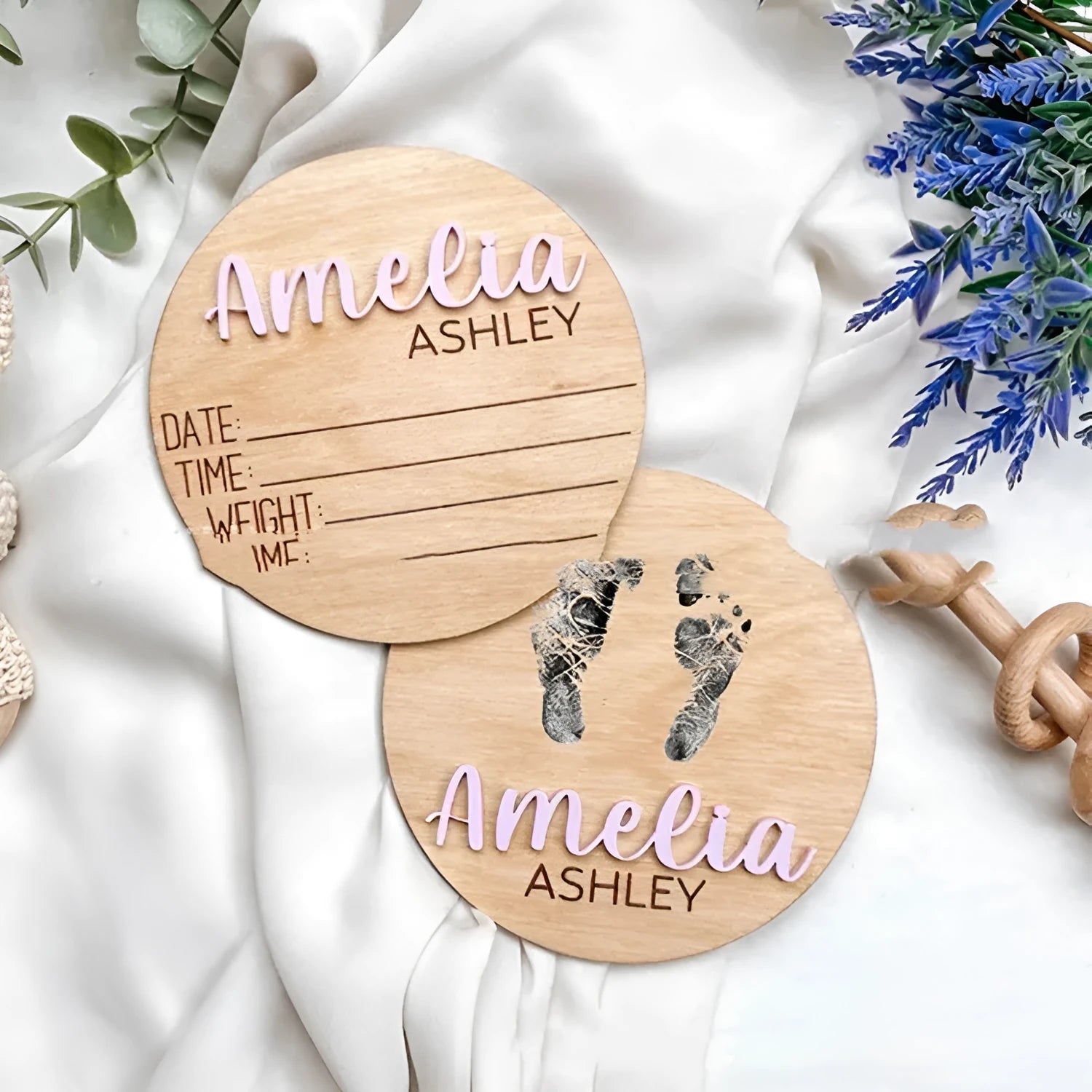 Brown limewood baby birth bulletin board with modern art style in 152mm size