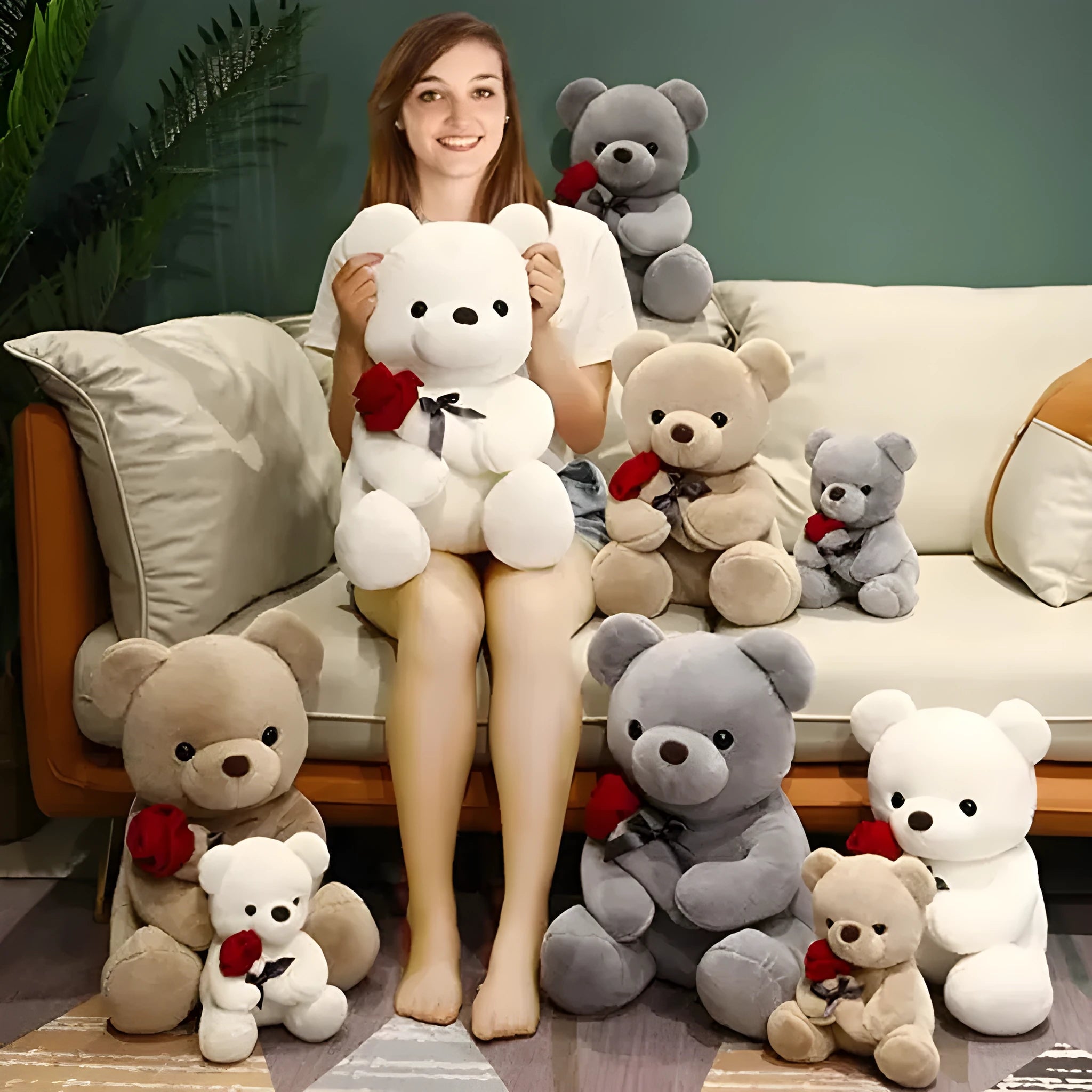 Rose bear plush teddy doll in beige, brown, or grey with soft short plush fabric