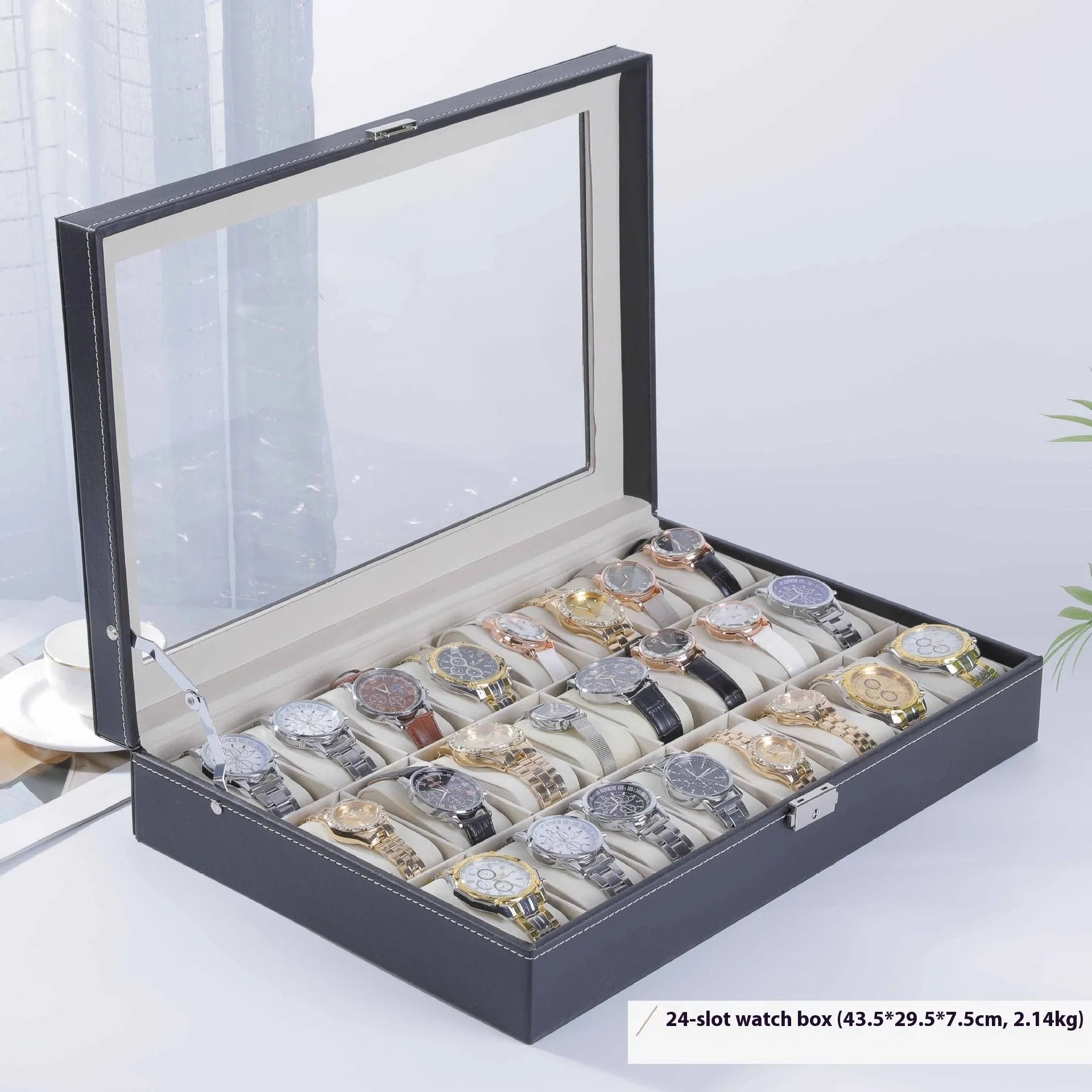 Grey high-grade leather watch storage box with clear dustproof lid showing multiple watch slots inside.