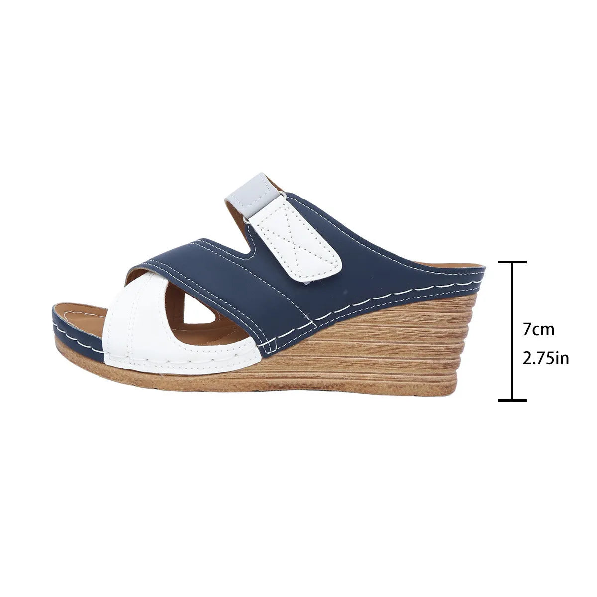 Women's platform wedge slipper with Velcro strap in a two-tone colour combination, showing Fish Mouth toe shape.