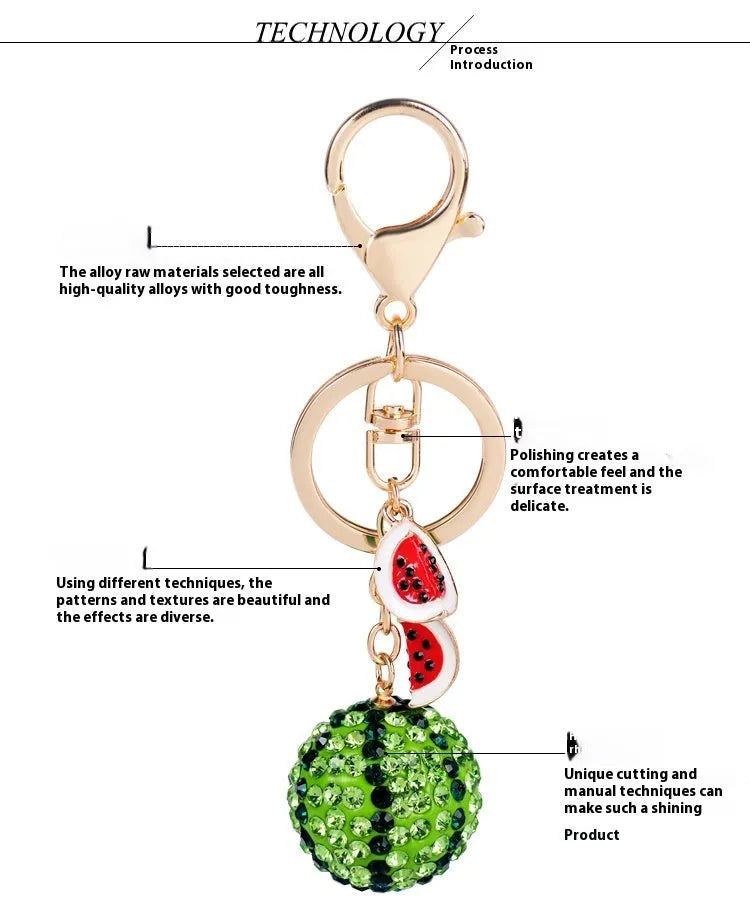 Green watermelon slice shaped zinc alloy keychain measuring 12cm long.