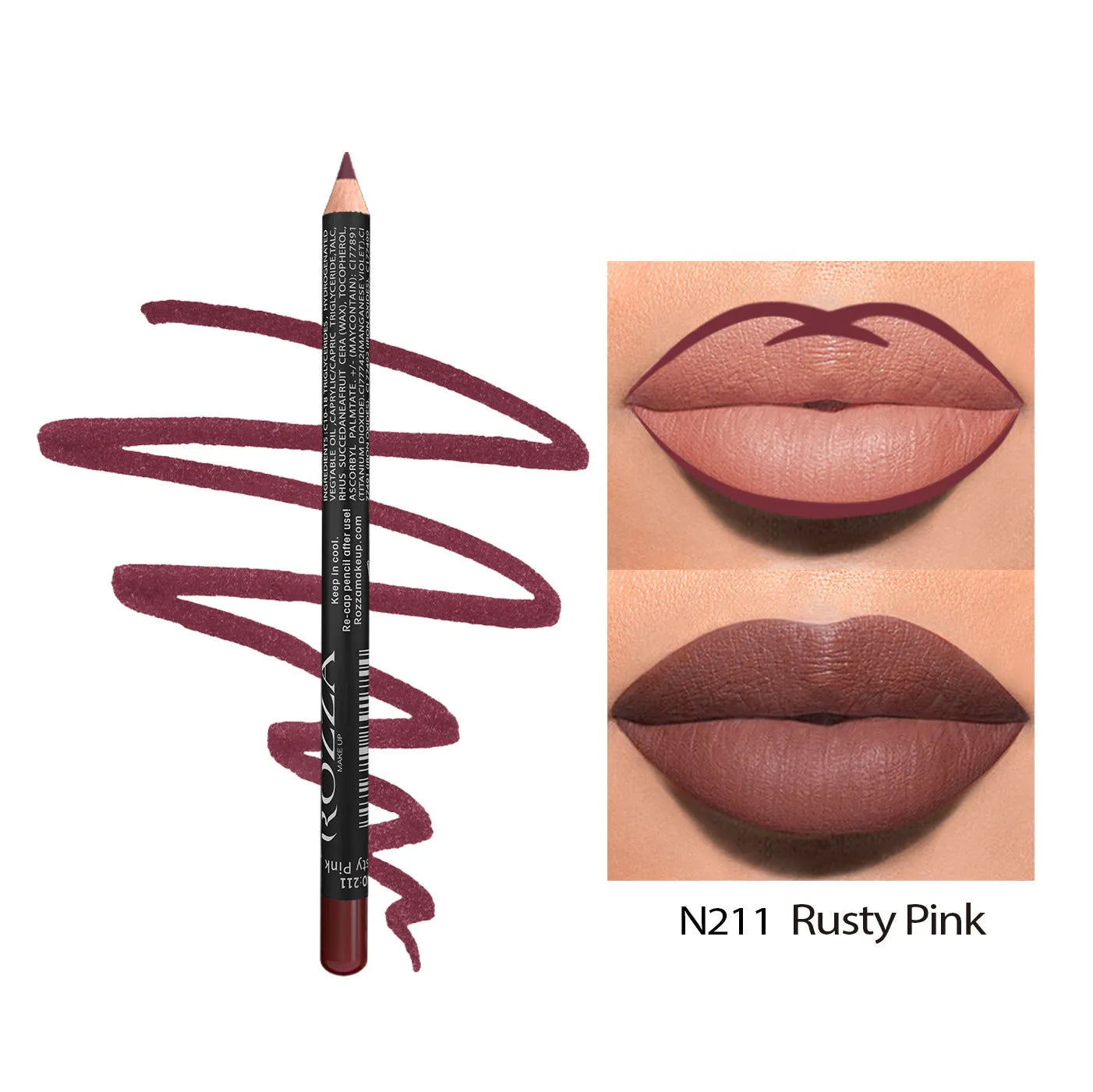 Matte lip liner pencil in a wooden tone shade from a set of 14 colours, shown on a hand.