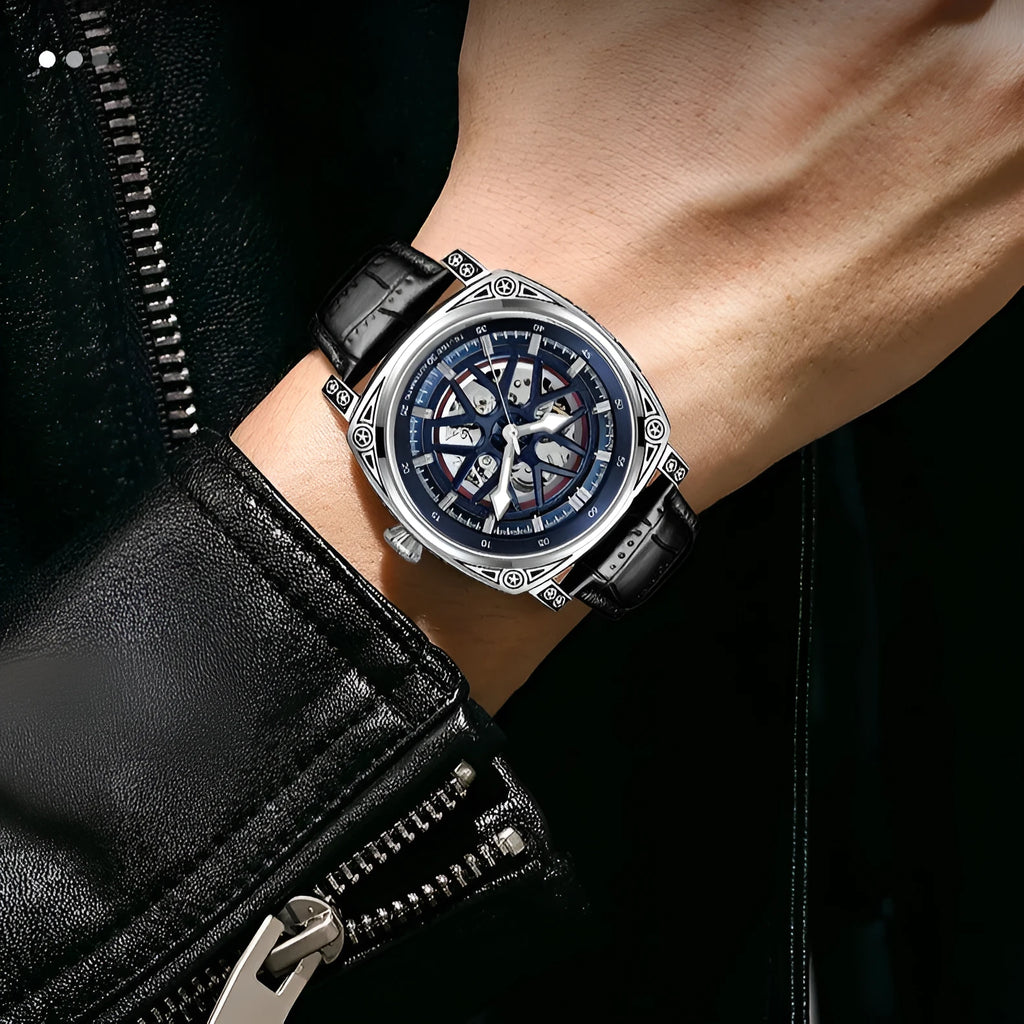 Stainless steel automatic mechanical men's watch with leather strap in blue, black, rose white, or white with black belt options