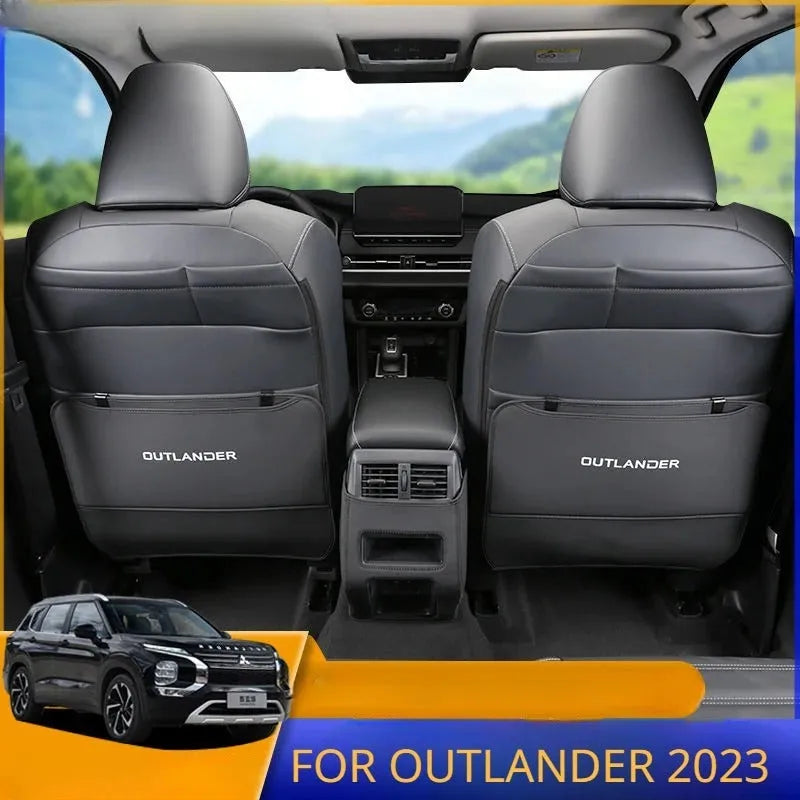 Three leather anti-kick pads for Mitsubishi Outlander seat and console protection.