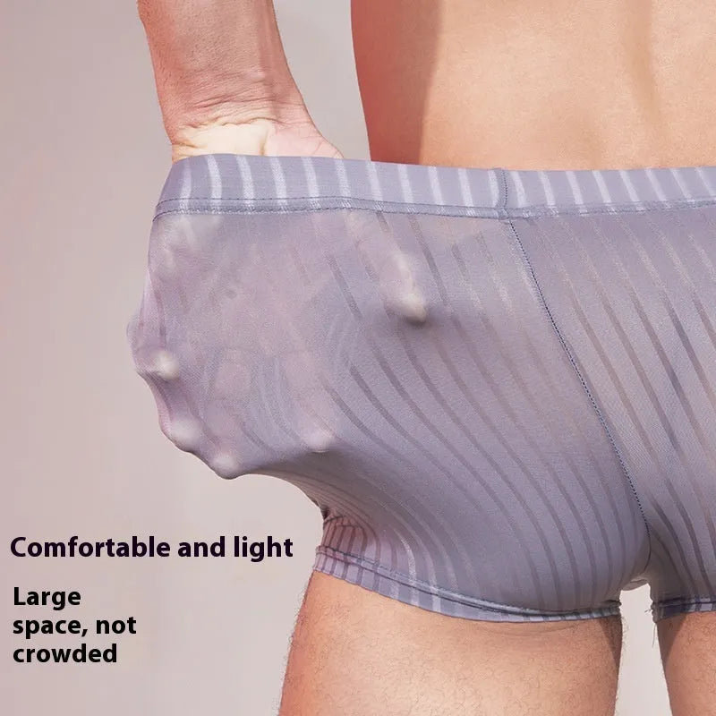 Men's striped transparent nylon underwear in black, white and dark grey colours