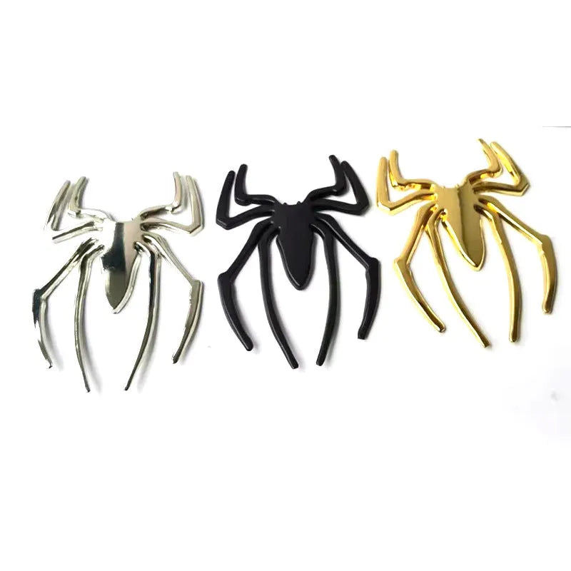 Three-dimensional metal spider bumper sticker in zinc alloy, showing detailed design