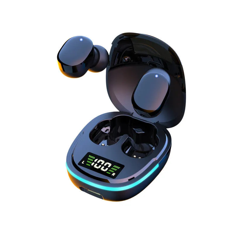 Black true wireless Bluetooth earbuds with charging case showing magnetic contacts