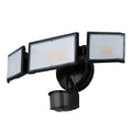 White or black LED security flood light with motion sensor for outdoor wall or ceiling mounting.
