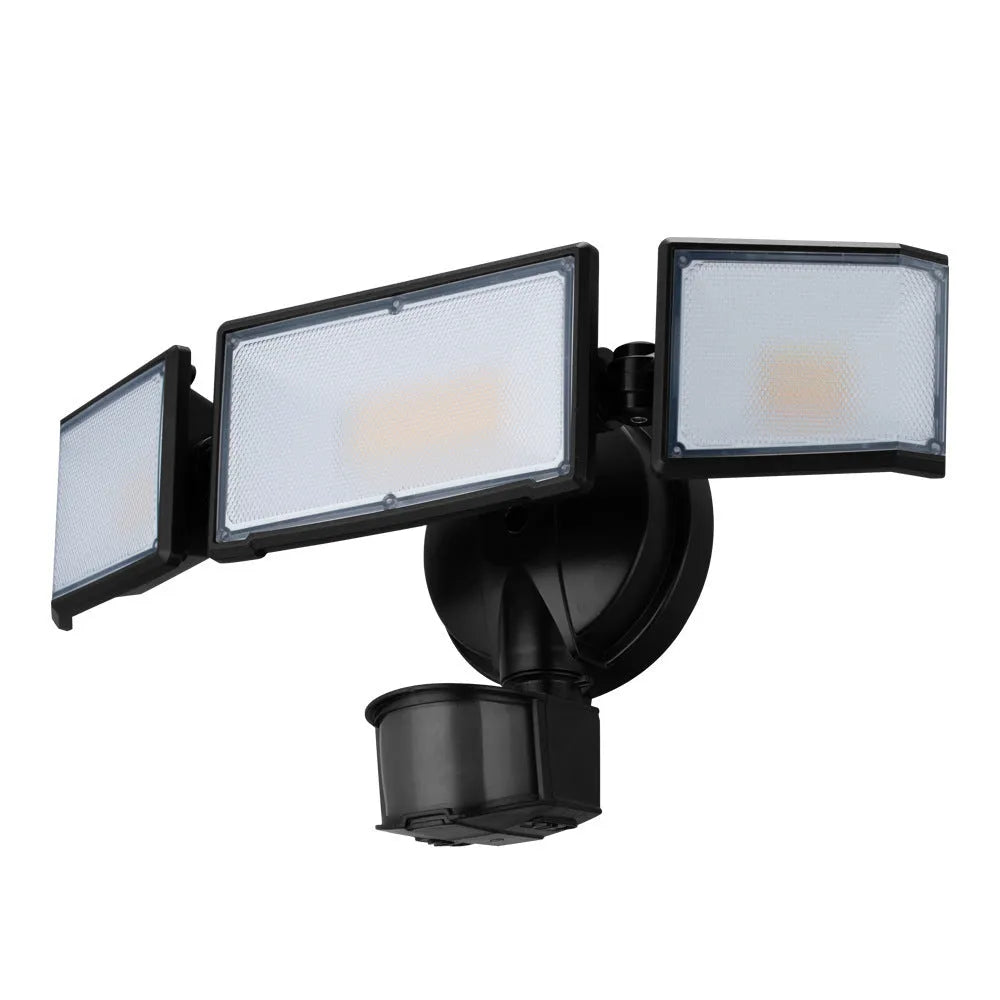 White or black LED security flood light with motion sensor for outdoor wall or ceiling mounting.