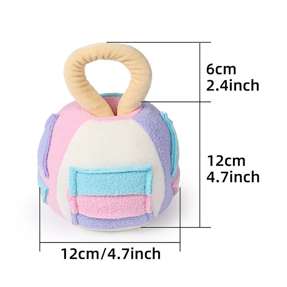 Polyester plush squeaky dog ball toy with treat pockets in pink or green colour for small medium dogs