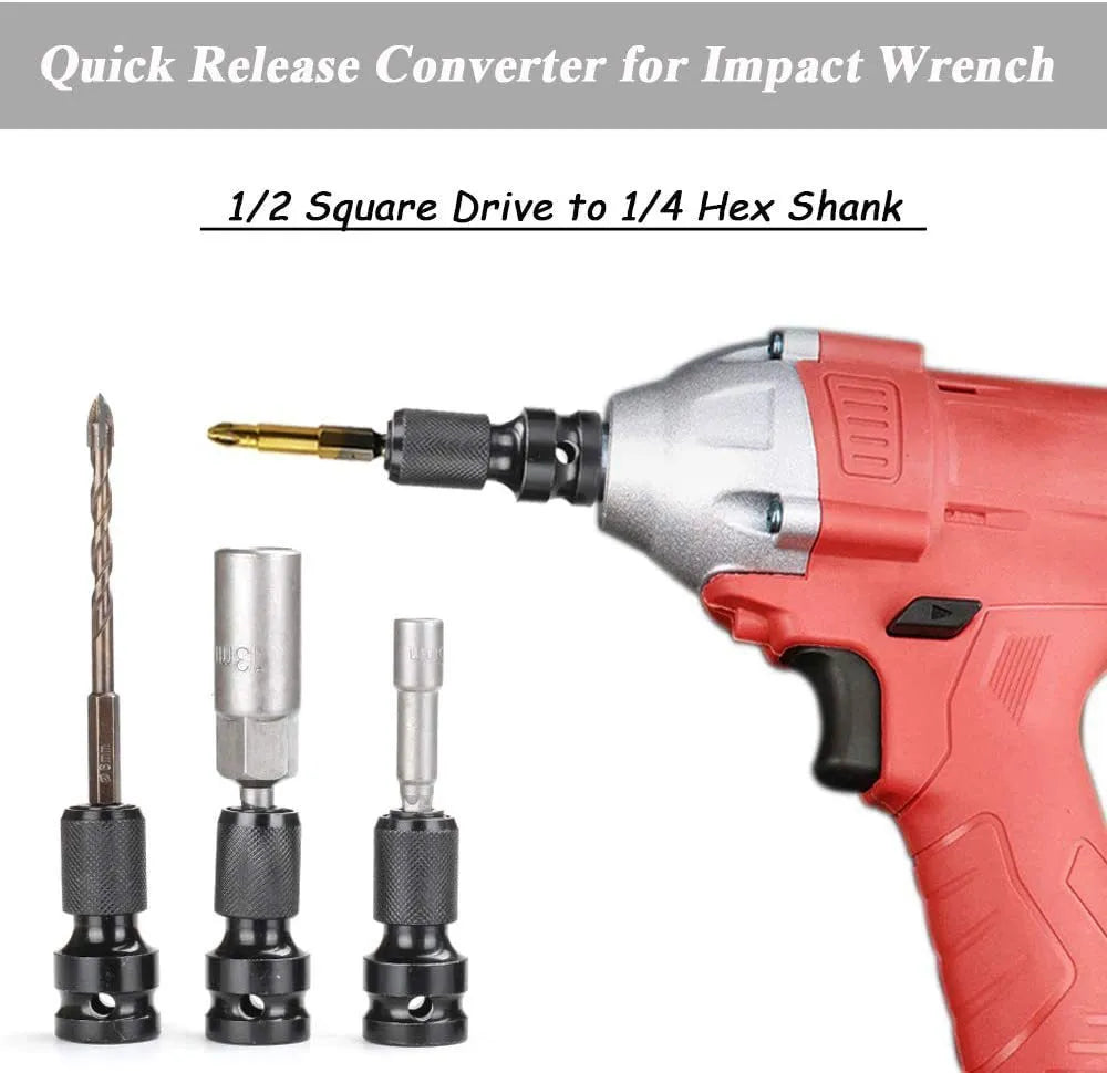 Telescopic steel bit holder adapter converting 1/2 inch square drive to 1/4 inch hex drive with O-ring bolt.