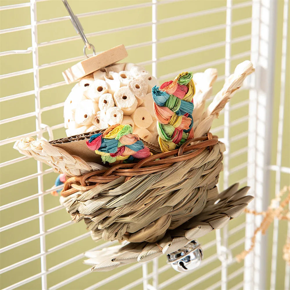 Three different weighted parrot chewing blocks for gnawing and beak maintenance
