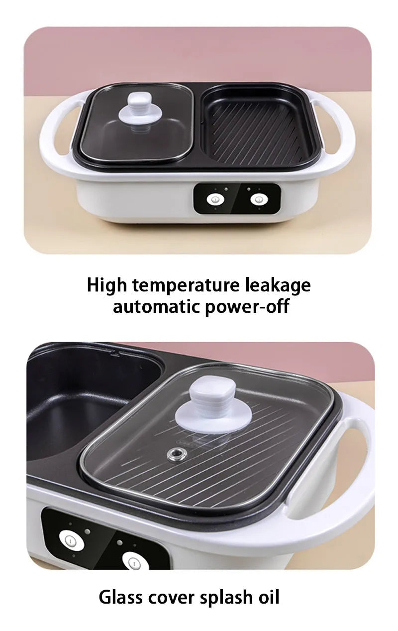 White or green dual-function electric caldron and frying oven appliance for 2-3 people.