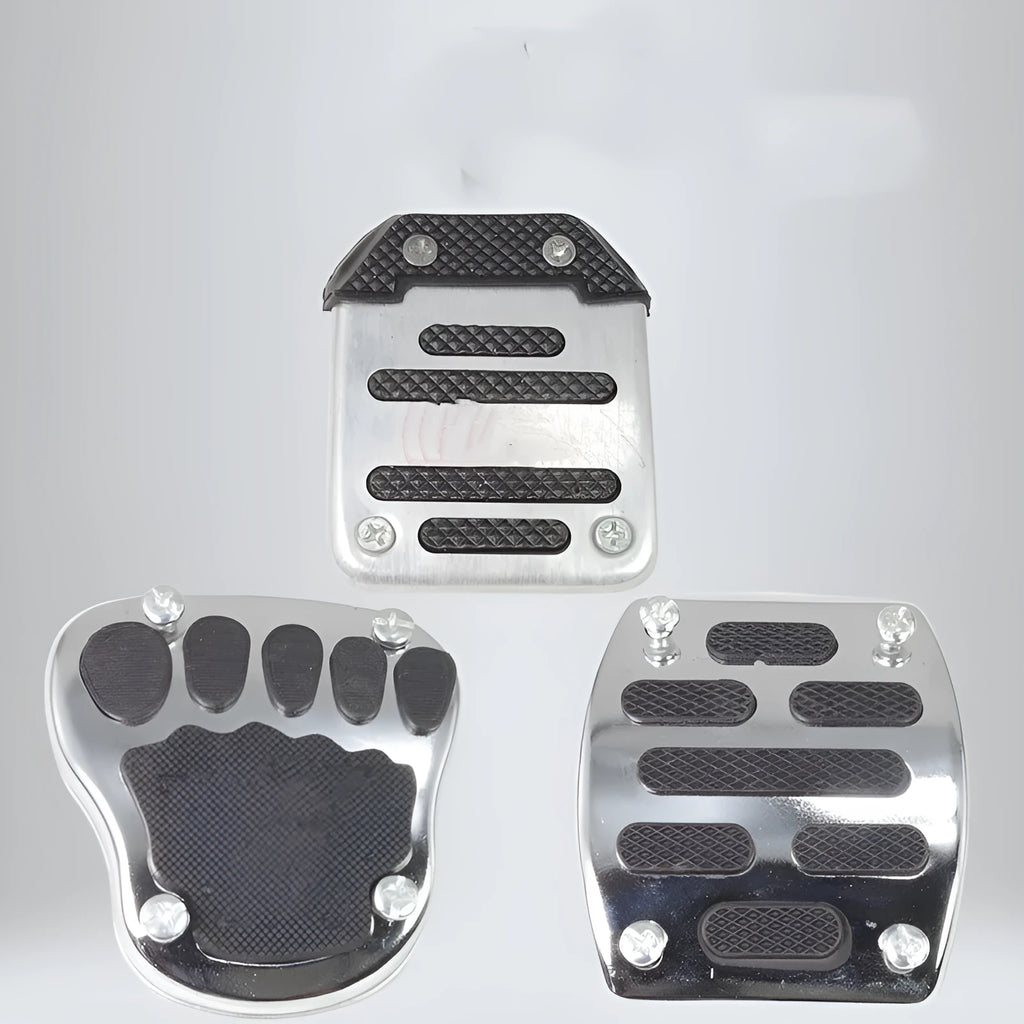 Metal motorcycle brake pedal skid plate showing three design options: Foot Pedal, Square Foot Pedal, and Small Brake Plate