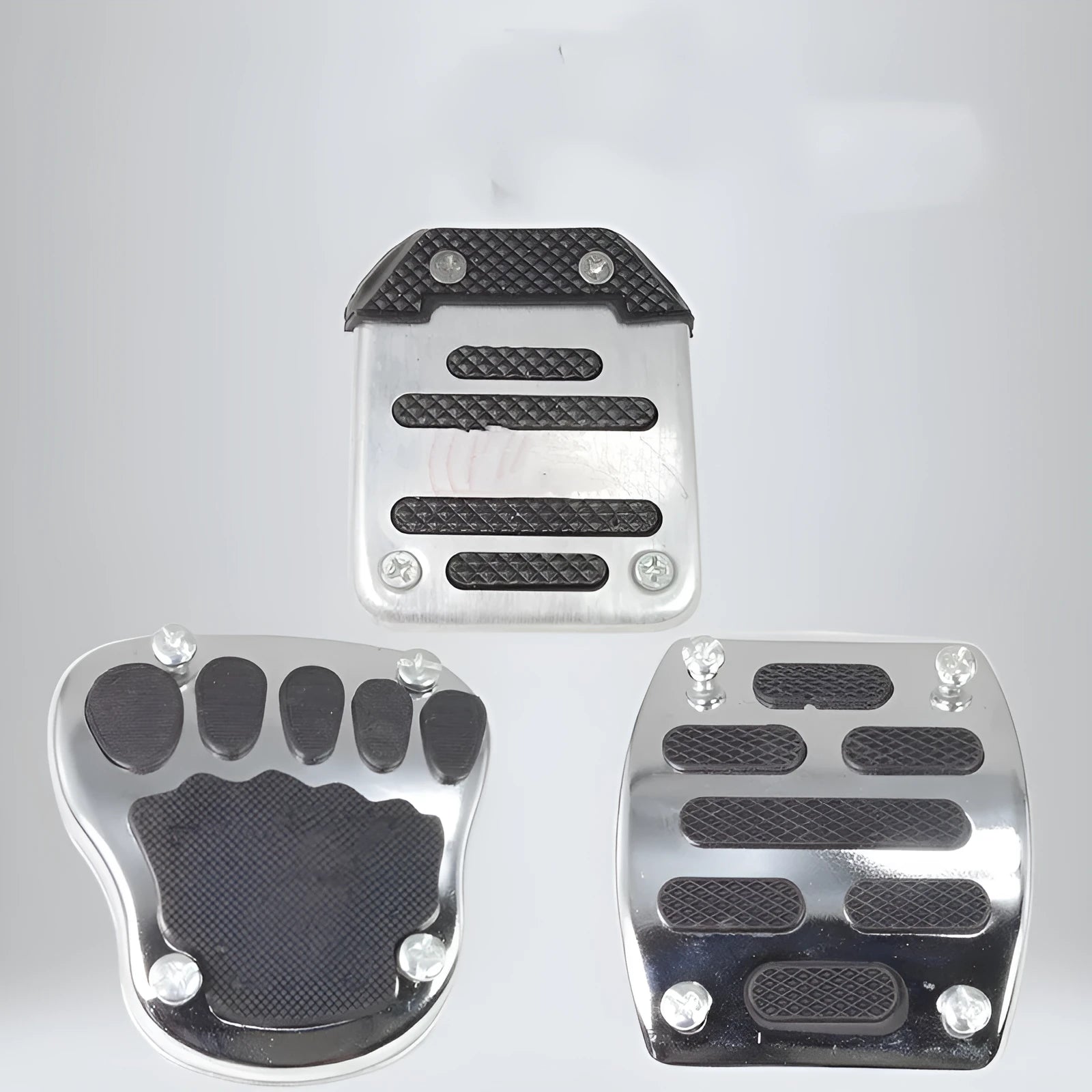 Metal motorcycle brake pedal skid plate showing three design options: Foot Pedal, Square Foot Pedal, and Small Brake Plate