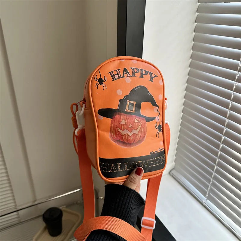 Halloween graffiti crossbody phone bag with pumpkin ghost bat print
