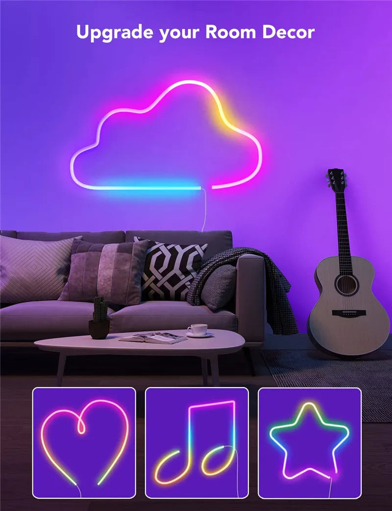 12V LED flexible neon light strip with full colour flowing light, app and voice control, 72 LEDs per metre