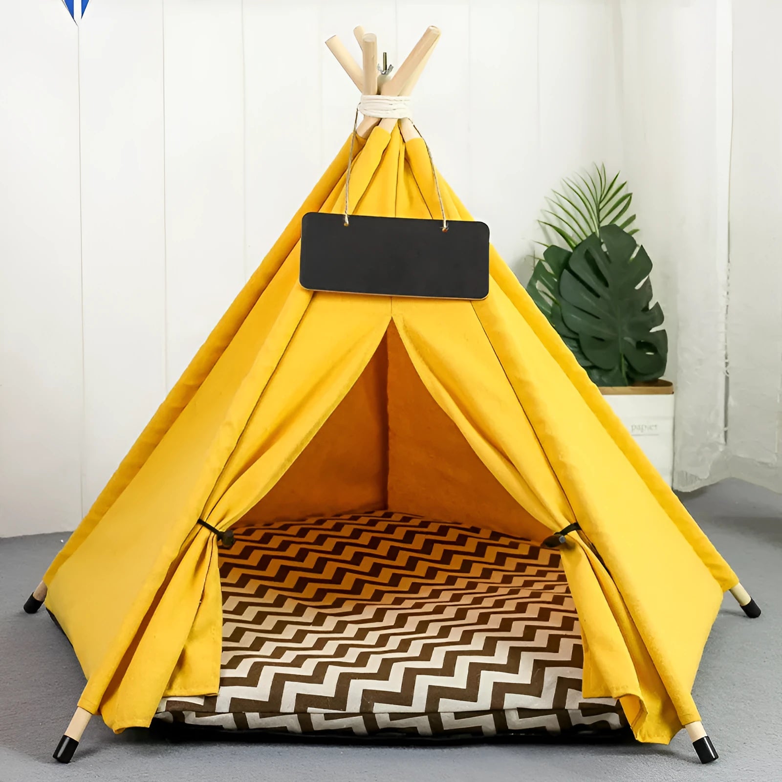 Striped flax linen pet teepee tent with cushion for small dogs or cats indoors