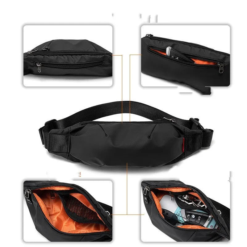 Black Oxford cloth waist pack with crossbody strap showing zipper closure