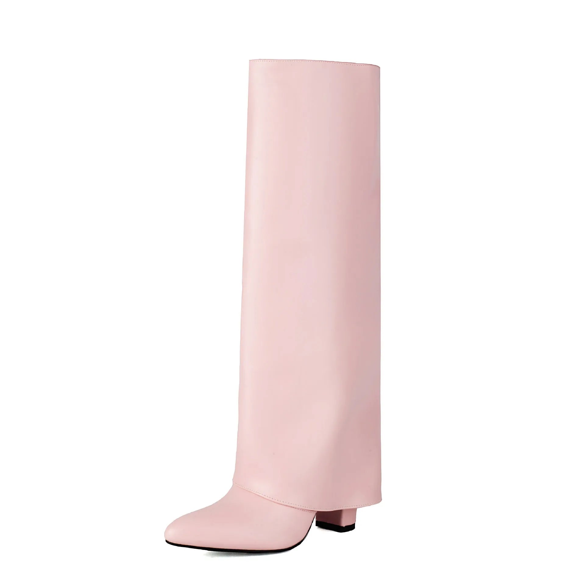 Women's plus size knee-high boots with thick block heel in black, white and pink colours