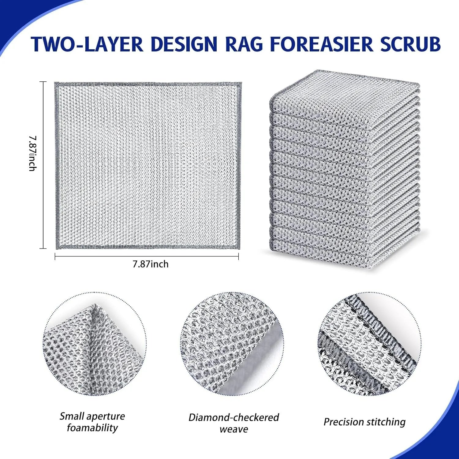 Microfiber kitchen cleaning cloth for pots and bowls in silver wire or composite construction
