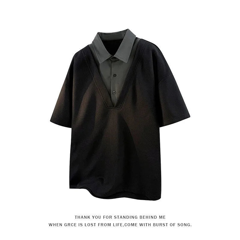 Men's black Heavy Henry collar polo shirt sweater thin spandex pullover short sleeves