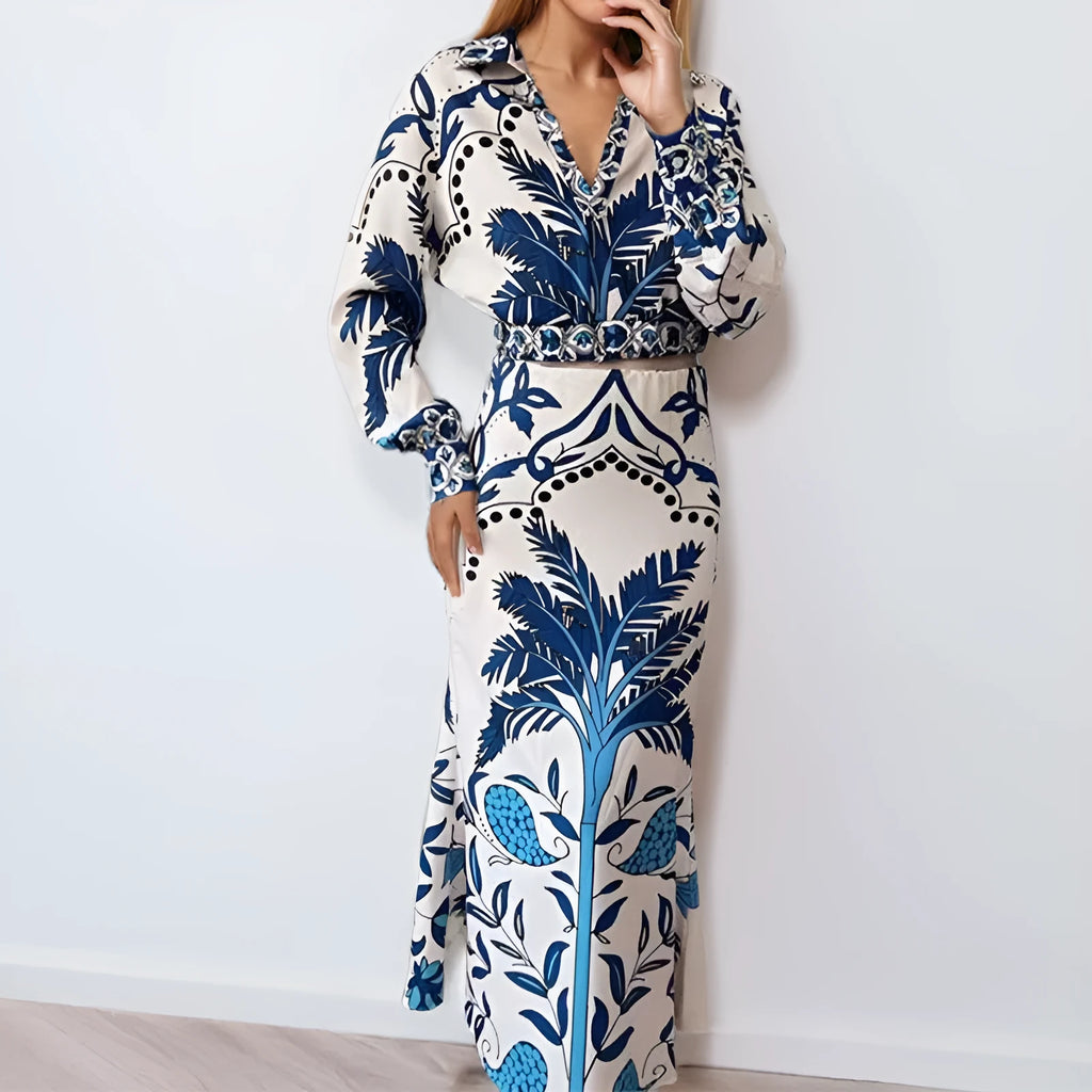 Women's early spring casual two-piece outfit in picture colour, featuring a long-sleeved top and matching long skirt.